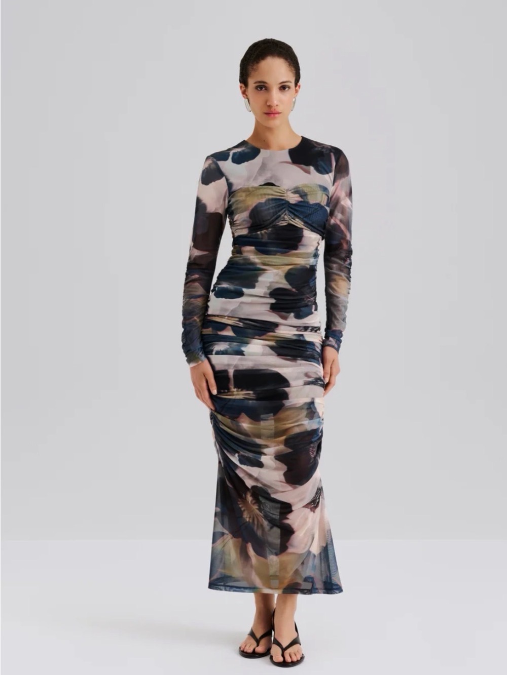 By Malina Long Sleeve Abstract Ruched Mesh Maxi Dress in Multicolor size M